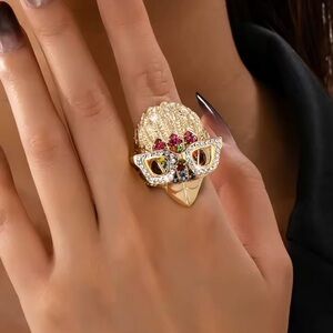 Eagle Head Gold and Multicolor Statement Ring With Rhinestones Glasses Sz. 6